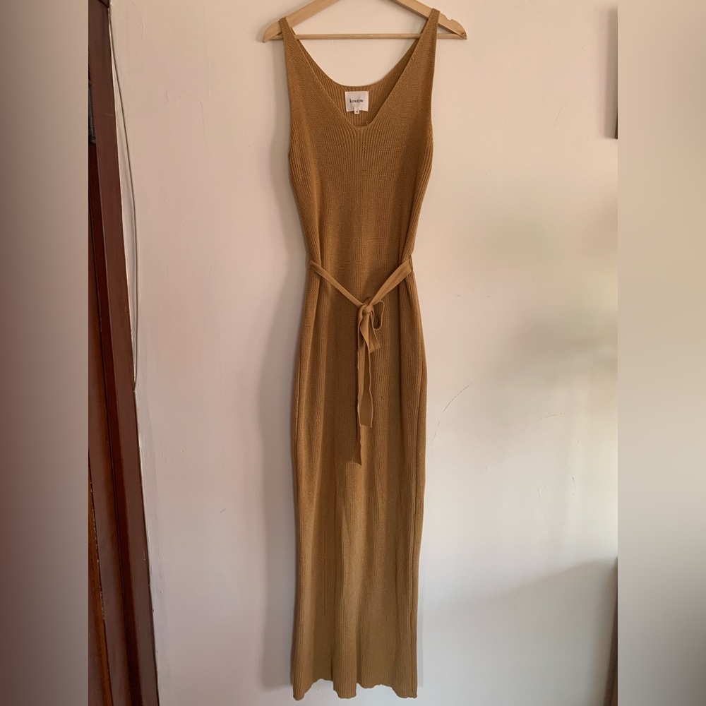 Tan/nude Kowtow v-neck sweater tank belted shift dress